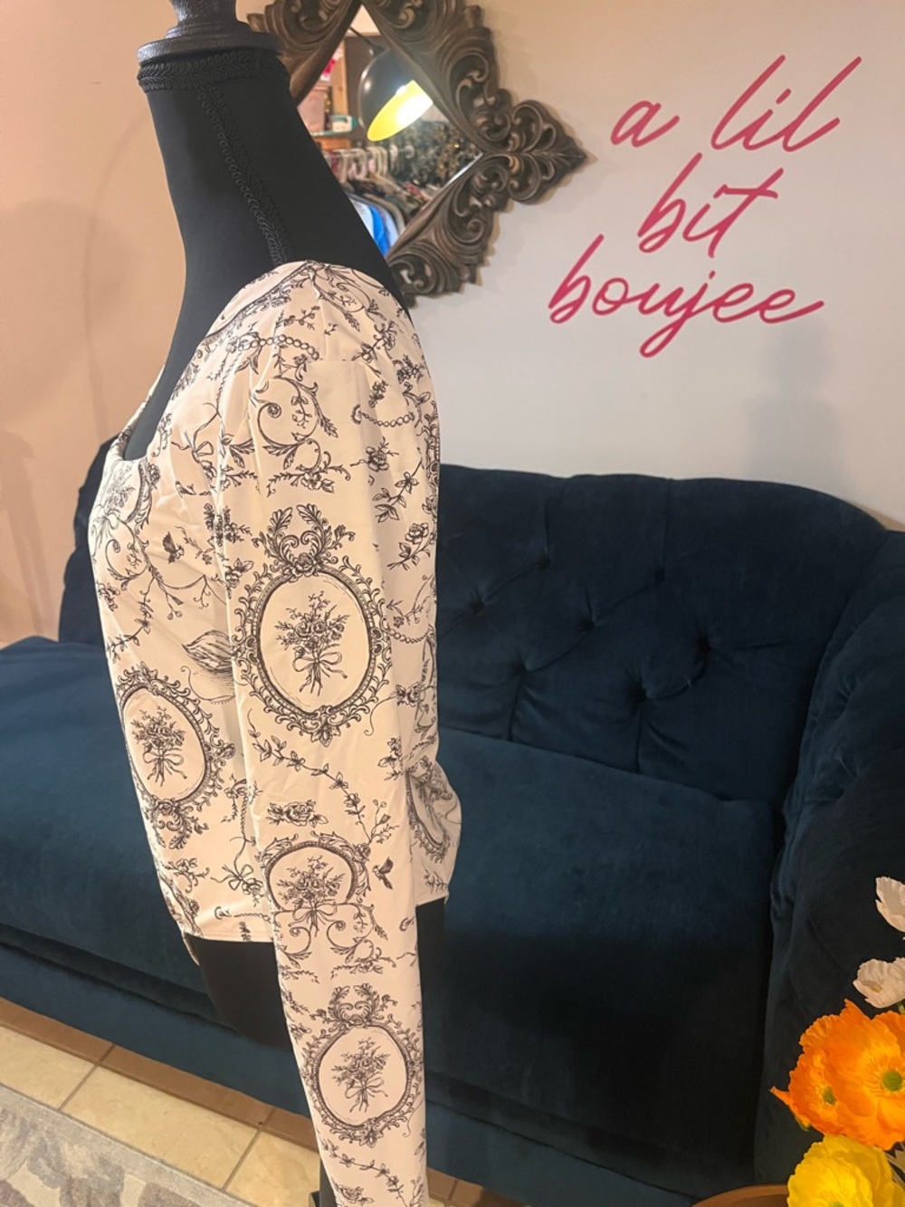 Francesca's Collections Ivory & Chocolate Toile Square-Neck Long-Sleeve Bodysuit - Picture 3 of 11